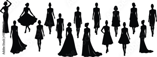 Elegant women fashion silhouettes walking in dresses, runway inspired female figures isolated on white background illustration vector design