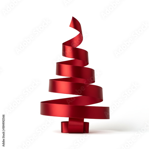Creative red ribbon forming a christmas tree shape on clean white surface for modern festive seasonal visuals, Christmas / Holiday Design Background