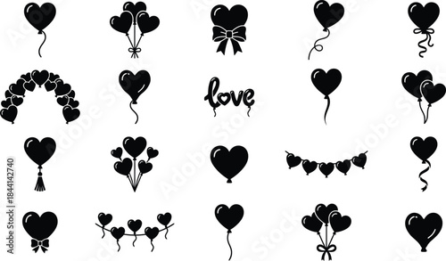 Romantic holiday decoration and air balloons black glyph icons. Floating shiny hearts, ribbon bow, bunting flag, and carnival decor symbols for valentine day graphic vector set illustration design.
