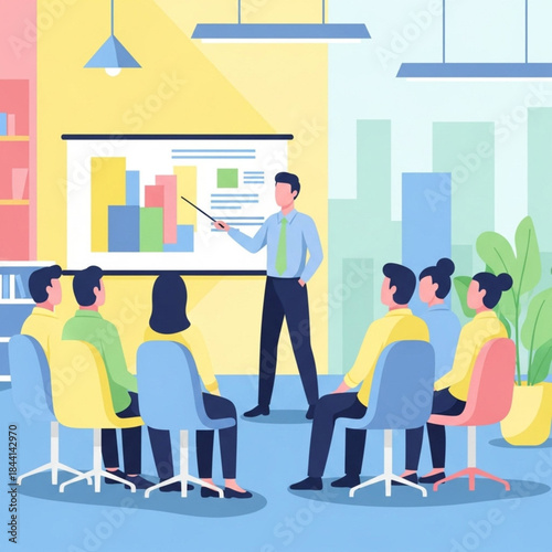 Business presentation with employees in meeting room, listening to a speaker at the whiteboard