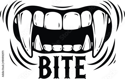 Bite typography with vampire fangs icon for halloween logo design, black and white vector horror badge, scary monster holiday emblem and isolated mouth graphic illustration