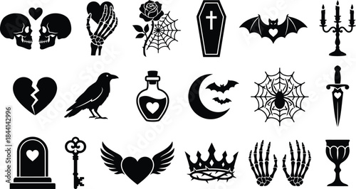 Anti valentine and breakup silhouette icon set. Broken heart, poison bottle, skull couple, coffin, and spider web rose symbols for divorce or gothic party vector collection design element art.
