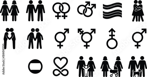 LGBTQ pride and gender identity silhouette icon set. Gay and lesbian couple, transgender sign, rainbow flag, and same sex family parents symbols for human rights vector collection design element.
