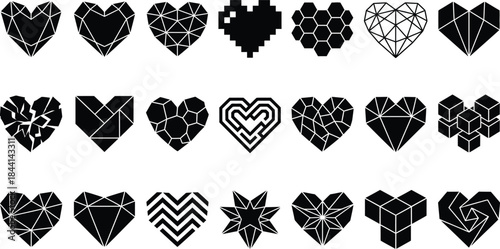 Polygonal and modern abstract love shape black glyph icons. 3D cube structure, wireframe network, maze labyrinth, and gemstone facet symbols for futuristic graphic vector set art illustration design.