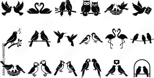 Valentine day bird and nature animal black glyph icons. Flying pigeon with letter, swallows in cage, wedding ring nest, and singing sparrow symbols for spring holiday graphic vector set art design.