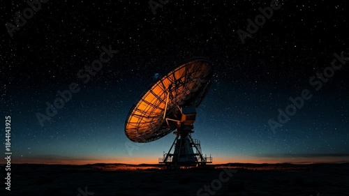 A large, parabolic antenna illuminated in warm light sits under a starry night sky. The horizon glows in shades of orange