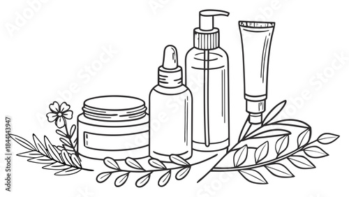 Natural skincare products arranged with botanical elements for a clean, organic beauty aesthetic.