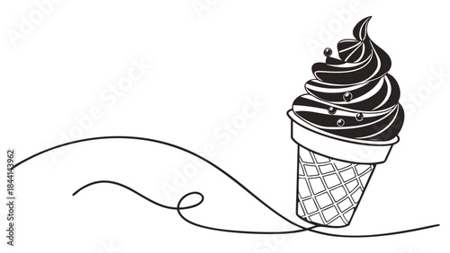 Delicious soft serve ice cream cone with chocolate topping and waffle cone on a white background with flowing line art.