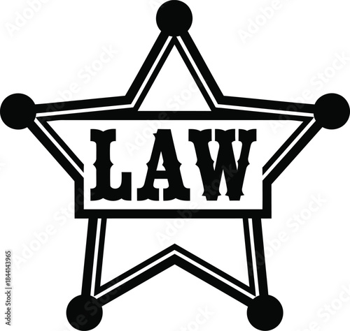 Law typography with sheriff star badge icon for police logo design, black and white vector authority emblem, wild west justice symbol and isolated vintage graphic illustration