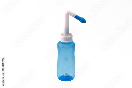 A nasal rinse bottle standing upright, isolated against a white background