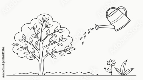 Simple line drawing of a watering can nurturing a young plant and a growing tree.