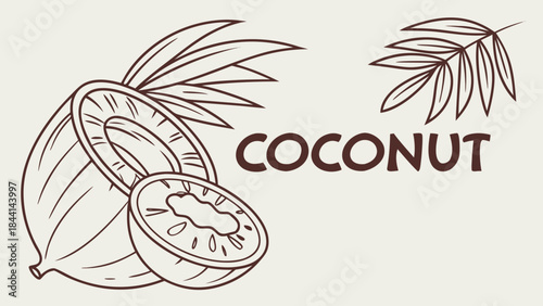 Freshly cut coconut with tropical leaves, a healthy and refreshing tropical fruit.