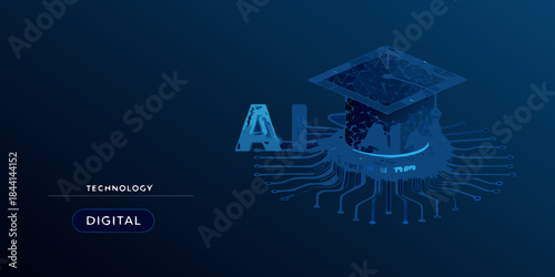 Artificial intelligence graduation cap with digital circuits and futuristic technology