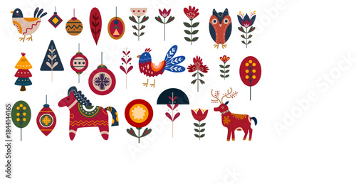 Scandinavian folk animals flowers illustration collection