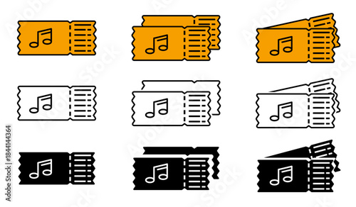 Ticket icons set  isolated on a white background, line, line fill and glyph, editable file vector and color.