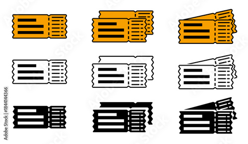 Ticket icons set  isolated on a white background, line, line fill and glyph, editable file vector and color.