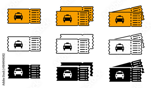 Ticket icons set  isolated on a white background, line, line fill and glyph, editable file vector and color.