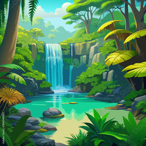 Vibrant tropical waterfall oasis with lush greenery and turquoise pool