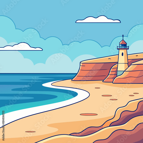Coastal lighthouse stands tall over sandy beach and turquoise ocean waves