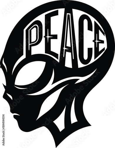 Peace typography with alien head icon for sci-fi badge design, black and white vector space creature emblem, futuristic galaxy symbol and isolated fantasy graphic illustration