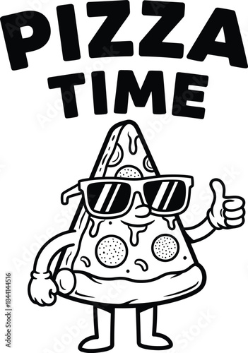 Pizza time typography with slice character icon for fast food logo, black and white vector lunch badge, tasty italian meal emblem and isolated funny graphic illustration