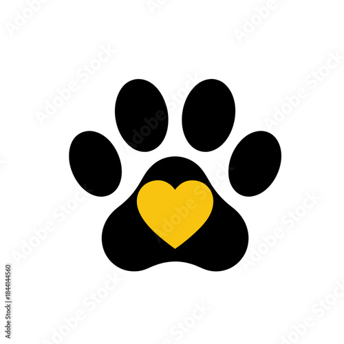 Cute black paw print with a yellow heart inside, symbolizing love and care for pets, rendered as a clean vector graphic