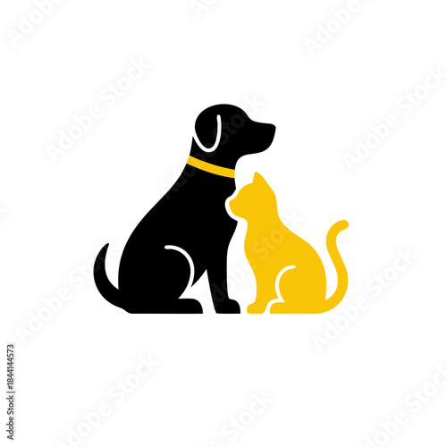 Stylized vector illustration of a friendly dog and cat sitting together, perfect for pet care, animal adoption, or veterinary clinic branding and logos and other pet-related businesses