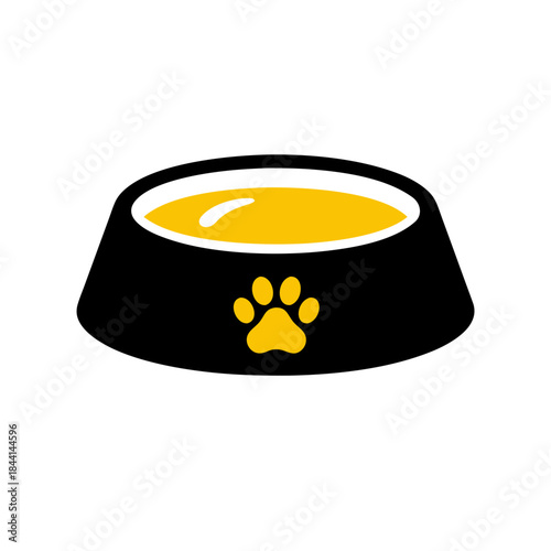 A black pet food bowl filled with yellow liquid, featuring a paw print icon on the front, symbolizing pet care and nutrition