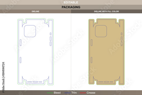 Mobile phone case dieline designed by vector mapping enhancing printing accuracy packaging form clean die line structure defines compact fitting with durable edge contour