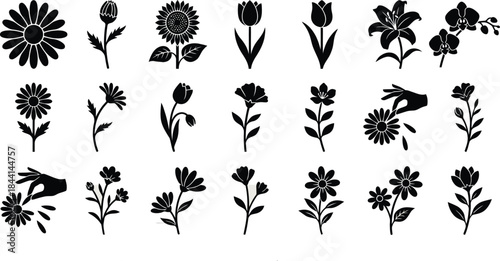 Spring season flower and garden plant silhouette icon set. Sunflower, tulip, chamomile daisy, lily, and orchid blossom symbols for mother day nature vector collection design element illustration art.