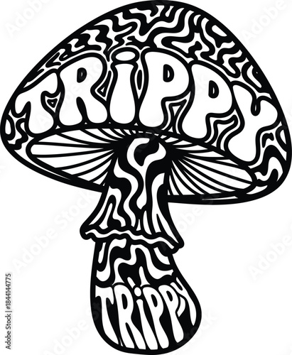 Trippy typography with magic mushroom icon for psychedelic badge design, black and white vector fantasy emblem, surreal hippie fungus symbol and isolated abstract graphic illustration