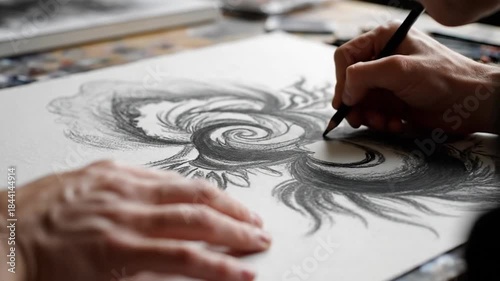 Creative hand illustrating detailed artwork with pencil on white paper
