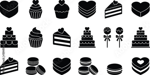 Valentine day sweet dessert and bakery silhouette icon set. Heart shaped chocolate cake, cream cupcake, wedding pastry, and french macaroon symbols for party snack menu vector collection design.