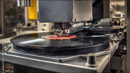 Closeup of traditional vinyl pressing machine with heated plates shaping black records in a factory setting showcasing industrial manufacturing process.