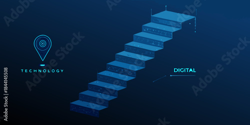 Digital staircase with location pin and technology advancement concepts illustrated