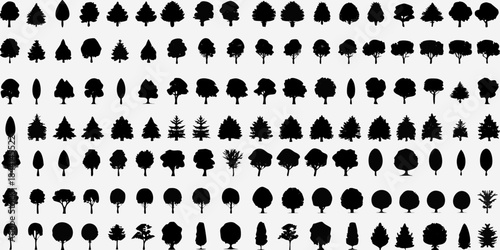 An array of silhouetted trees in varying shapes and sizes on a white background