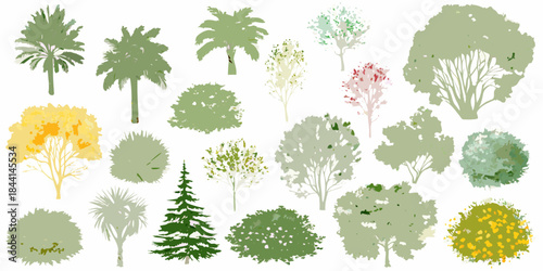 Collection of various stylized trees and foliage in shades of green and yellow