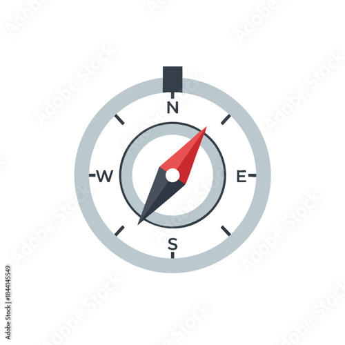 A stylized compass with north, south, east, and west markings, with a red needle