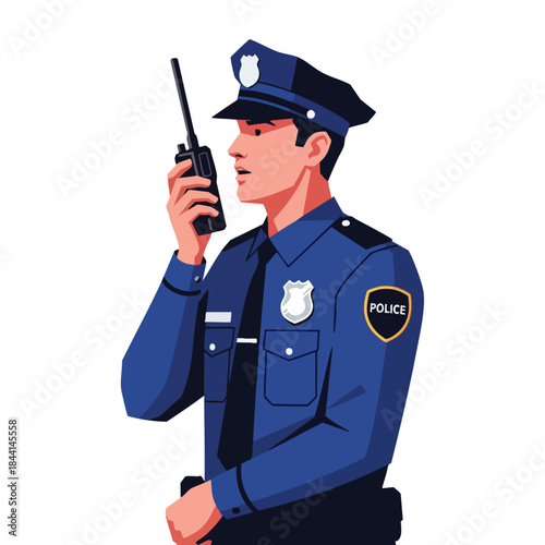 A vector illustration of a police officer in uniform speaking into a radio