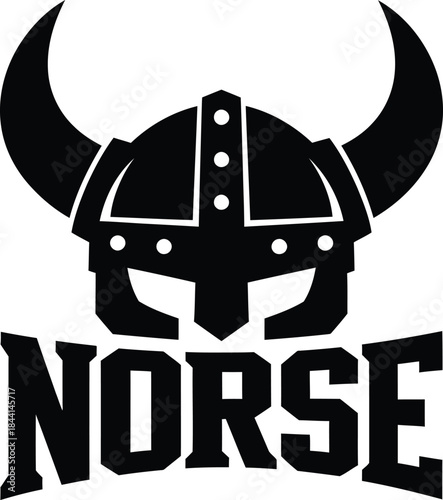 Norse typography with viking helmet icon for history badge design, black and white vector warrior emblem, ancient medieval symbol and isolated retro graphic illustration