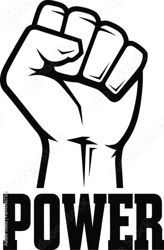 Power typography with fist hand icon for strength logo design, black and white vector protest badge, strong human fight emblem and isolated revolution graphic illustration