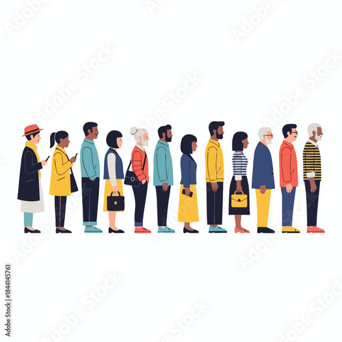 Line of diverse people stand in a row in profile view, colored outfits