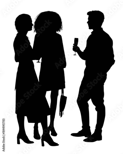 Three people socializing with drinks at a gathering.