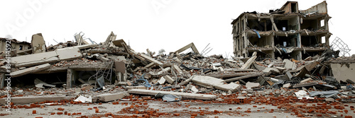 Large pile of rubble and debris from a collapsed concrete and brick building showing structural damage and destruction demolition