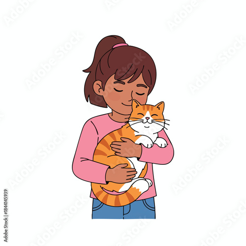 A person with closed eyes hugs a smiling cat, against a white background