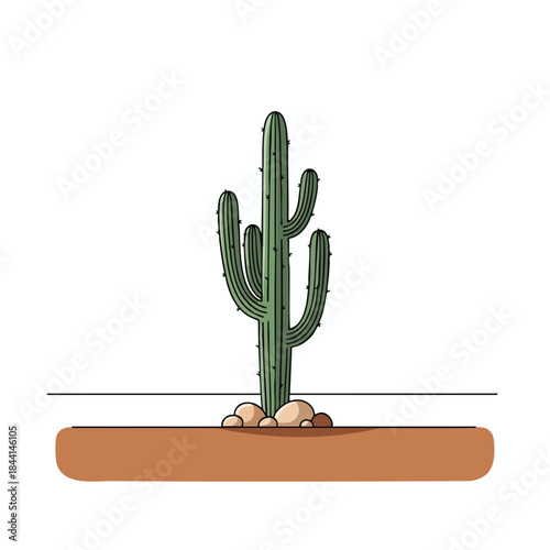 A desert-styled illustration of a large cactus, with a rocky base and earth at the bottom