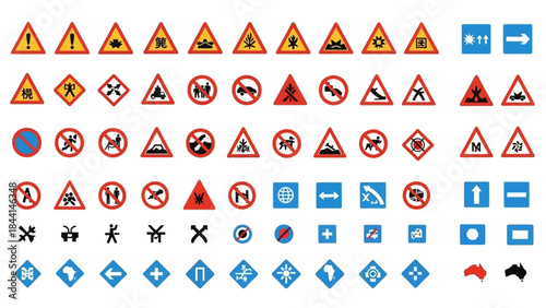 Vector set of yellow triangle road safety icons for traffic warning and construction signs