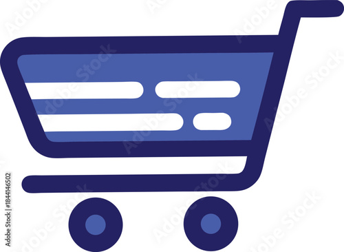 Simple blue shopping cart icon with wheels and handle