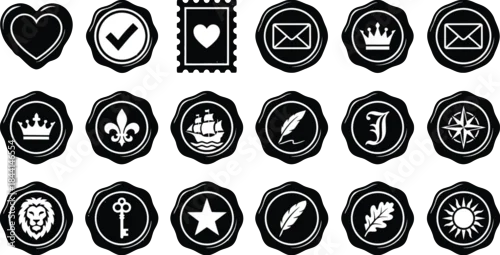 Obraz Retro sealing wax and certification badge black glyph icons. Heraldic fleur de lis, ship anchor, sun star, and antique key symbols for letter correspondence decoration graphic vector set art.
