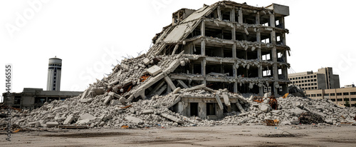 Ruined concrete building debris pile with intact tower and modern structures in background destruction demolition collapse